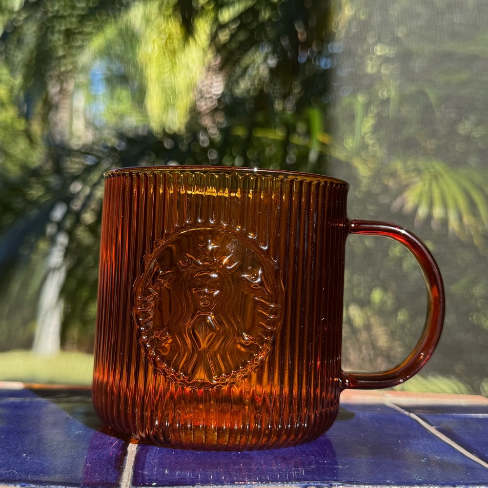 New Starbucks 2025 Amber Ribbed Glass Cup